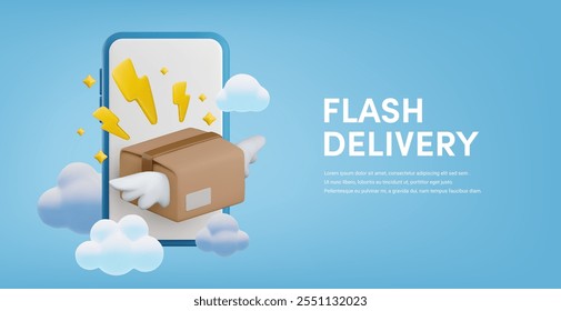 Vector flash parcel delivery banner template. Cartoon 3d smartphone, flying cardboard box with wings and lightning on blue sky background. Realistic 3d render fast logistics, express order shipping.