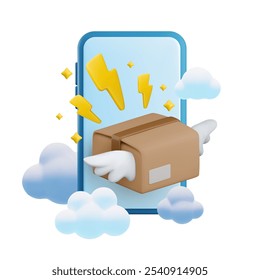 Vector flash parcel delivery service concept. Realistic cartoon 3d render smartphone and cardboard box with wings, flashes flying in the clouds. Quick online order logistic, express cargo shipping.