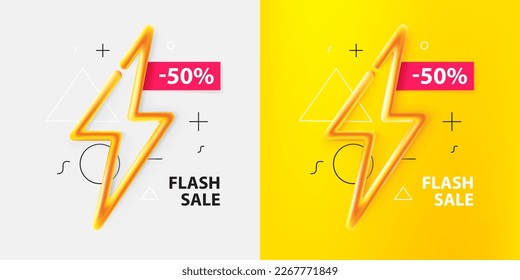 Banner de venta de flash de vectores. Rayo de neón intenso sobre fondo amarillo y blanco. Ilustración de estilo retro de Memphis 80. Elemento de interfaz de usuario de representación 3D para páginas publicitarias de Cyber Monday, Black Friday.