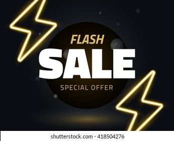 Vector Flash Sale Design With Thunder Vector Illustration, Background With Neon Lightning For Business Design, Retro Style