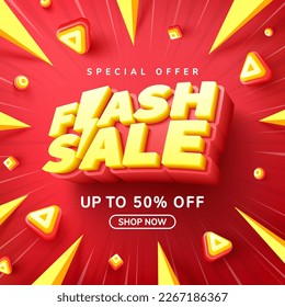 Vector of Flash Sale Shopping day Poster or banner with 3D text on red background.Flash Sales banner template design for social media and website.Special Offer Flash Sale campaign or promotion.