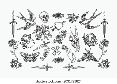 vector flash sheet illustrations in old school traditional style. black and white hand drawn isolated graphic design elements and clip art on white background 