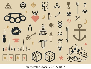 vector flash sheet illustrations in old school traditional style. black and white hand drawn isolated graphic design elements and clip art on white background