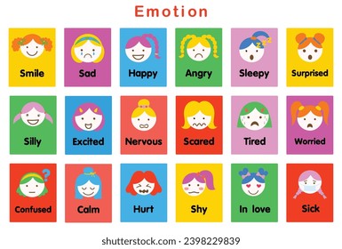 
Vector flashcards with a cute girl's face expressing various emotions. Illustration.