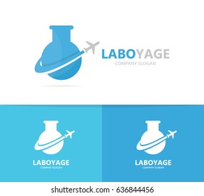 Vector of flask and airplane logo combination. Laboratory and travel symbol or icon. Unique flight and science logotype design template.