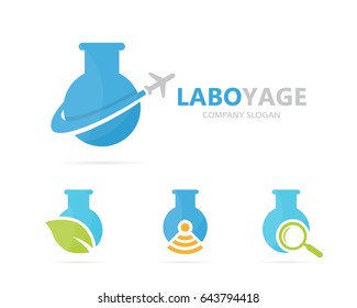 Vector of flask and airplane logo combination. Laboratory and travel symbol or icon. Unique flight and science logotype design template.