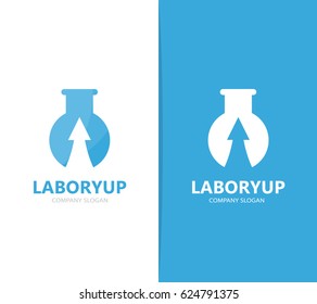 Vector of flask and arrow up logo combination. Laboratory and growth symbol or icon. Unique science and bottle logotype design template.
