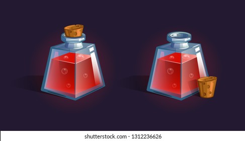 Vector flask, bottle, vessel. Game icon, game item. Magic elixir. Chemical element and herbs for alchemy. Liquid with poison, an elixir restoring health, endurance. Weapon buff. 
Fantasy, fiction styl