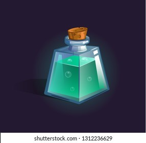 Vector flask, bottle, vessel. Game icon, game item. Magic elixir. Chemical element and herbs for alchemy. Liquid with poison, an elixir restoring health, endurance. Weapon buff. 
Fantasy, fiction styl