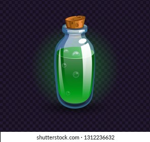Vector flask, bottle, vessel. Game icon, game item. Magic elixir. Chemical element and herbs for alchemy. Liquid with poison, an elixir restoring health, endurance. Weapon buff. 
Fantasy, fiction styl
