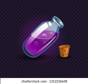Vector flask, bottle, vessel. Game icon, game item. Magic elixir. Chemical element and herbs for alchemy. Liquid with poison, an elixir restoring health, endurance. Weapon buff. 
Fantasy, fiction styl