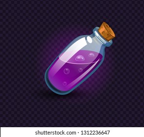 Vector flask, bottle, vessel. Game icon, game item. Magic elixir. Chemical element and herbs for alchemy. Liquid with poison, an elixir restoring health, endurance. Weapon buff. 
Fantasy, fiction styl