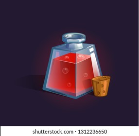 Vector flask, bottle, vessel. Game icon, game item. Magic elixir. Chemical element and herbs for alchemy. Liquid with poison, an elixir restoring health, endurance. Weapon buff. 
Fantasy, fiction styl