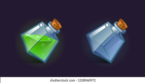 Vector flask, bottle, vessel. Game icon, game item. Magic elixir. Chemical element and herbs for alchemy. Liquid with poison, an elixir restoring health, endurance. Weapon buff. 
Fantasy, fiction styl
