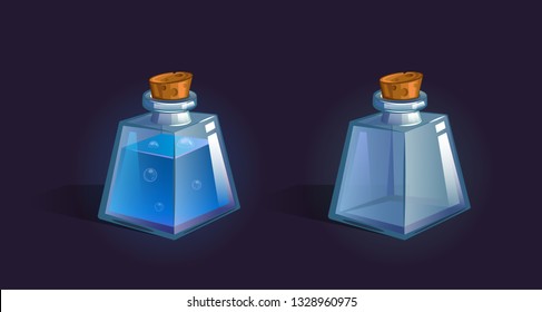 Vector flask, bottle, vessel. Game icon, game item. Magic elixir. Chemical element and herbs for alchemy. Liquid with poison, an elixir restoring health, endurance. Weapon buff. 
Fantasy, fiction styl