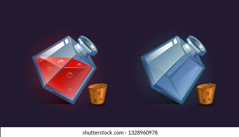Vector flask, bottle, vessel. Game icon, game item. Magic elixir. Chemical element and herbs for alchemy. Liquid with poison, an elixir restoring health, endurance. Weapon buff. 
Fantasy, fiction styl
