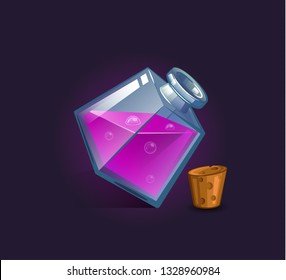 Vector flask, bottle, vessel. Game icon, game item. Magic elixir. Chemical element and herbs for alchemy. Liquid with poison, an elixir restoring health, endurance. Weapon buff. 
Fantasy, fiction styl