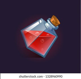 Vector flask, bottle, vessel. Game icon, game item. Magic elixir. Chemical element and herbs for alchemy. Liquid with poison, an elixir restoring health, endurance. Weapon buff. 
Fantasy, fiction styl