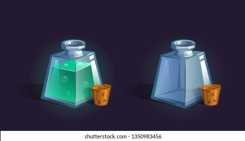 Vector flask, bottle, vessel. Game icon, game item. Magic elixir. Chemical element and herbs for alchemy. Liquid with poison, an elixir restoring health, endurance. Fantasy, fiction style.