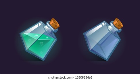 Vector flask, bottle, vessel. Game icon, game item. Magic elixir. Chemical element and herbs for alchemy. Liquid with poison, an elixir restoring health, endurance. Fantasy, fiction style.