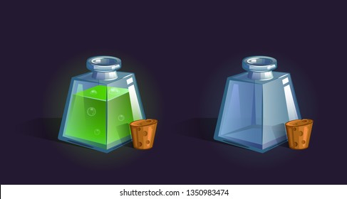 Vector flask, bottle, vessel. Game icon, game item. Magic elixir. Chemical element and herbs for alchemy. Liquid with poison, an elixir restoring health, endurance. Fantasy, fiction style.