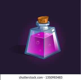 Vector flask, bottle, vessel. Game icon, game item. Magic elixir. Chemical element and herbs for alchemy. Liquid with poison, an elixir restoring health, endurance. Fantasy, fiction style.