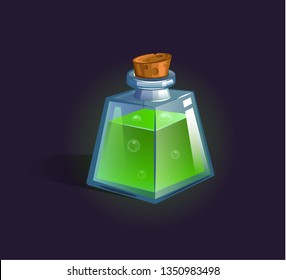 Vector flask, bottle, vessel. Game icon, game item. Magic elixir. Chemical element and herbs for alchemy. Liquid with poison, an elixir restoring health, endurance. Fantasy, fiction style.