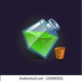 Vector flask, bottle, vessel. Game icon, game item. Magic elixir. Chemical element and herbs for alchemy. Liquid with poison, an elixir restoring health, endurance. Fantasy, fiction style.