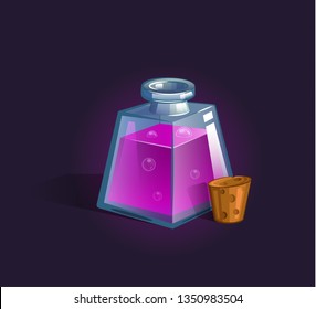 Vector flask, bottle, vessel. Game icon, game item. Magic elixir. Chemical element and herbs for alchemy. Liquid with poison, an elixir restoring health, endurance. Fantasy, fiction style.