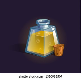 Vector flask, bottle, vessel. Game icon, game item. Magic elixir. Chemical element and herbs for alchemy. Liquid with poison, an elixir restoring health, endurance. Fantasy, fiction style.