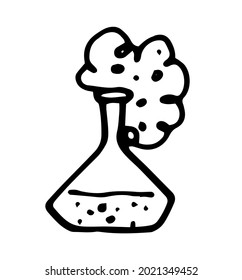 Vector flask with foamed liquid. doodle-style chemical experiment transparent flask with liquid and foam from the neck, isolated black outline on a white background for a design template