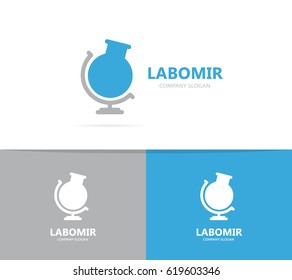 Vector of flask and globe logo combination. Laboratory and planet symbol or icon. Unique ball and bottle logotype design template.