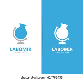 Vector of flask and globe logo combination. Laboratory and planet symbol or icon. Unique ball and bottle logotype design template.
