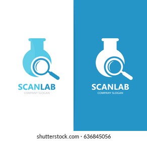 Vector of flask and loupe logo combination. Laboratory and magnifying glass symbol or icon. Unique bottle and search logotype design template.