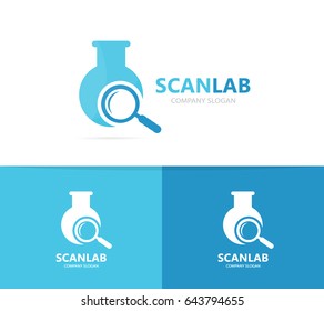 Vector of flask and loupe logo combination. Laboratory and magnifying glass symbol or icon. Unique bottle and search logotype design template.