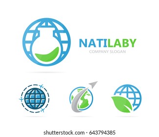 Vector of flask and planet logo combination. Laboratory and world symbol or icon. Unique bottle and globe logotype design template.