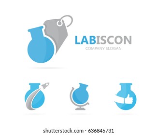 Vector of flask and tag logo combination. Laboratory and shop symbol or icon. Unique bottle and label logotype design template.