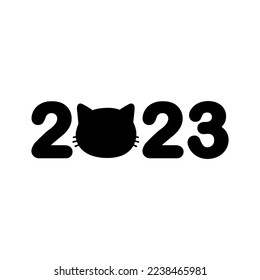 Vector flat 2023 lettering with cat face silhouette isolated on white background