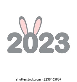 Vector flat 2023 lettering with rabbit bunny ears isolated on white background