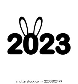 Vector flat 2023 lettering with rabbit bunny ears isolated on white background