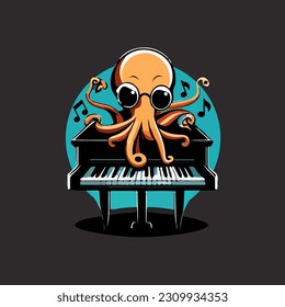Vector flat 2D mascot logo of an octopus playing a piano simple cartoon  minimalism style.