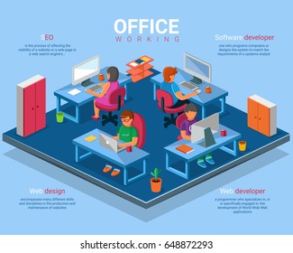Vector flat 3d isometric business office concept illustration. Office interior and creative people web and software developers at work.