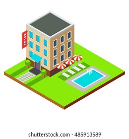 vector flat 3d isometric hotel building with swimming pool