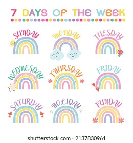 Vector Flat 7 Days of the Week with Rainbow and Cute Cartoon Pattern Decoration.