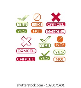 Vector flat 8 bit icons, collection of simple geometric pixel symbols. Yes, no and cancel inscriptions with checkmarks and ban elements, digital web signs. 