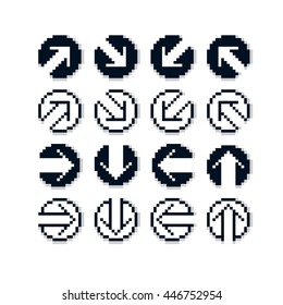 Vector flat 8 bit icons, collection of simple geometric pixel symbols. Simplistic arrows set, digital web signs.
