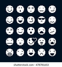 Vector flat 8 bit icons, collection of simple geometric pixel symbols. Simplistic faces of human beings expressing different emotions, digital web signs.  