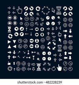 Vector flat 8 bit icons, collection of simple geometric pixel symbols. Simplistic arrows set, digital web signs.