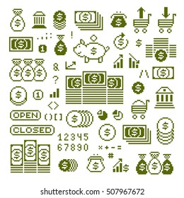 Vector flat 8 bit icons, collection of simple geometric pixel symbols. Digital web signs created in economics and finance concept. 