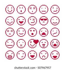 Vector flat 8 bit icons, collection of simple geometric pixel symbols. Simplistic faces of human beings expressing different emotions, digital web signs.  